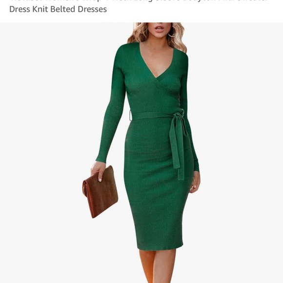 Women’s wrap neck long sleeve body con midi sweater dress knit belted dress S - Picture 2 of 8